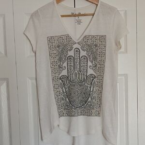 Lucky Brand White V-Neck Tee with Intricate Graphic